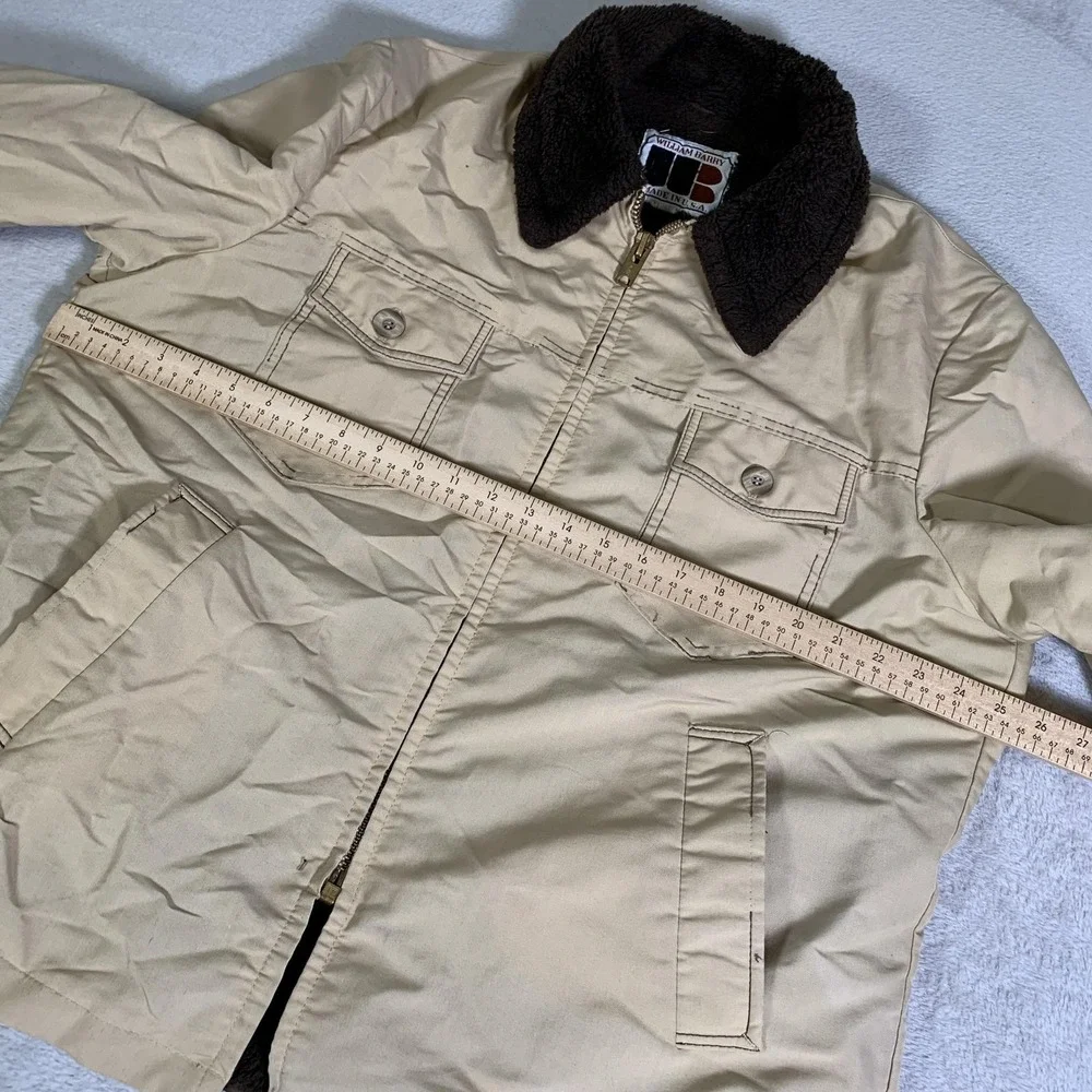Vintage William Barry Coat Mens 44 Beige Canvas Faux Fur Lined Parka 70s USA